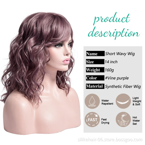 Hot Selling Heat Resistant Ombre Brown Black Brown Pink Silky Curly Wig For Women Synthetic Short Water Wavy Wigs With Bangs